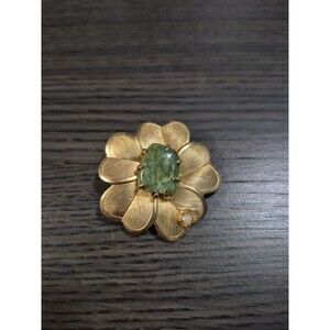 Vintage 1960s Flower Pin Pearl Brooch with Marbled Green Jade FLAW